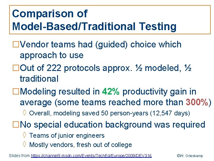 Comparison of Model-Based/Traditional Testing □Vendor teams had (guided) choice which approach to use □Out