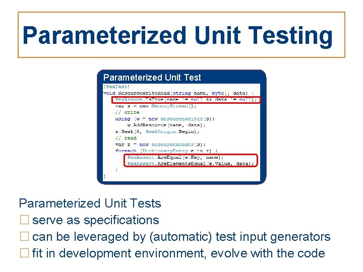 Parameterized Unit Testing Parameterized Unit Tests □ serve as specifications □ can be leveraged