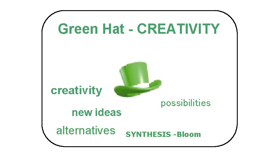 Green Hat - CREATIVITY creativity new ideas alternatives possibilities SYNTHESIS -Bloom 
