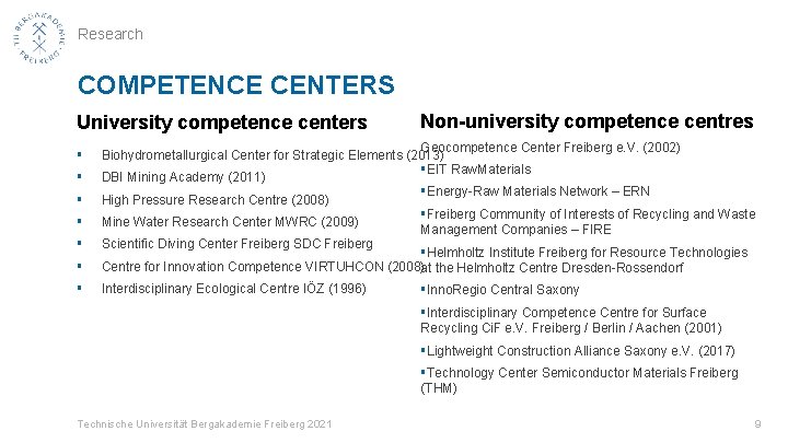 Research COMPETENCE CENTERS University competence centers Non-university competence centres § Geocompetence Center Freiberg e.