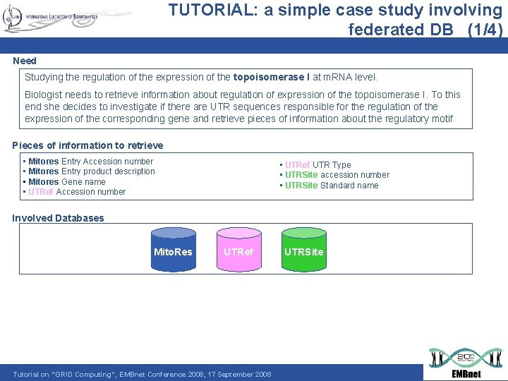 TUTORIAL: a simple case study involving federated DB (1/4) Need Studying the regulation of