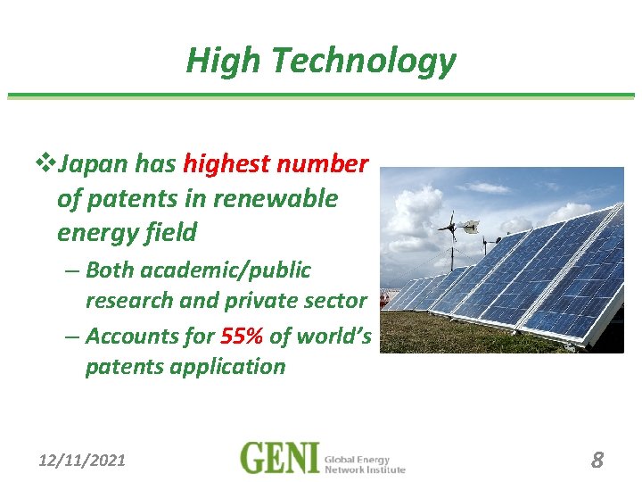 High Technology v. Japan has highest number of patents in renewable energy field –