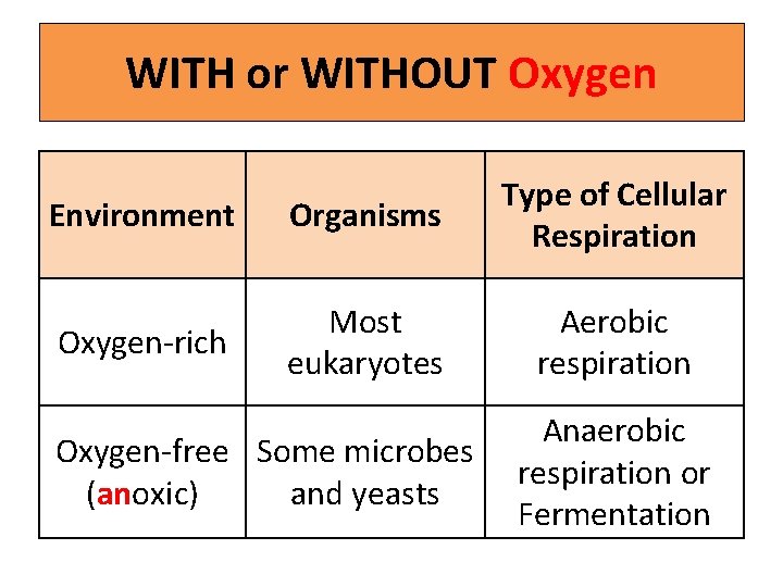 WITH or WITHOUT Oxygen Environment Organisms Type of Cellular Respiration Oxygen-rich Most eukaryotes Aerobic