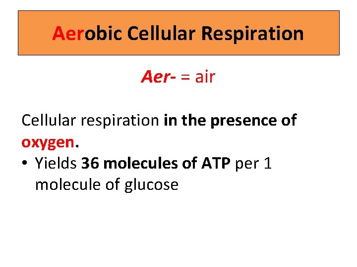 Aerobic Cellular Respiration Aer- = air Cellular respiration in the presence of oxygen. •
