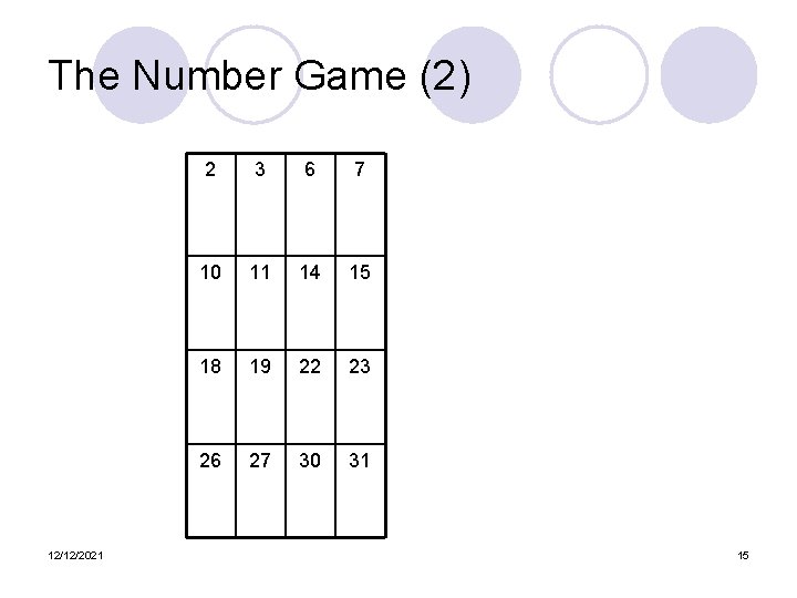 The Number Game (2) 12/12/2021 2 3 6 7 10 11 14 15 18