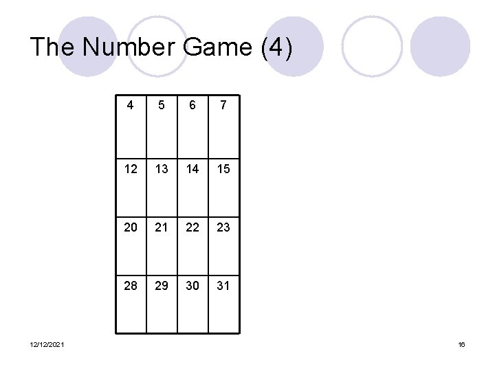 The Number Game (4) 12/12/2021 4 5 6 7 12 13 14 15 20