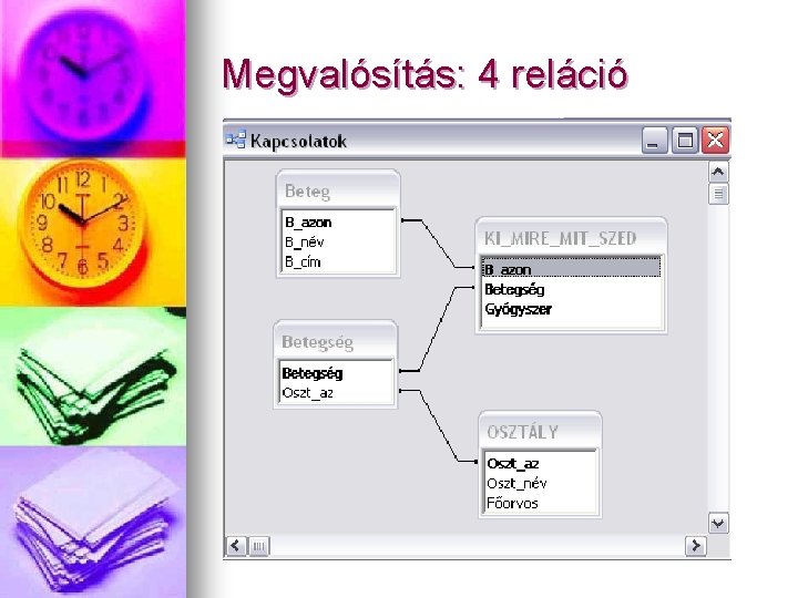 Megvalósítás: 4 reláció 