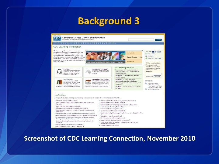Background 3 Screenshot of CDC Learning Connection, November 2010 