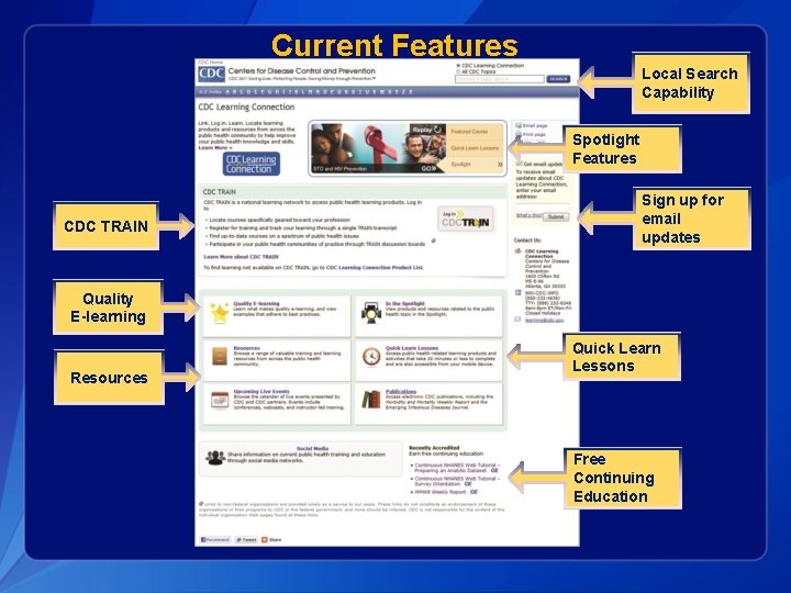 Current Features Local Search Capability Spotlight Features CDC TRAIN Sign up for email updates