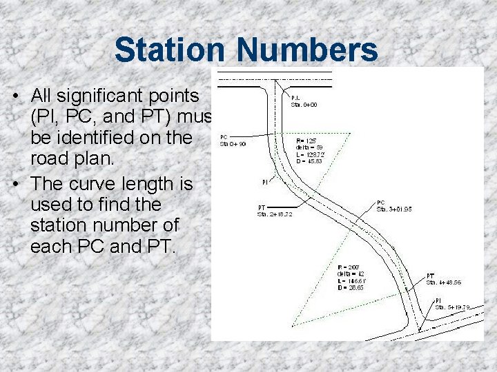 Station Numbers • All significant points (PI, PC, and PT) must be identified on