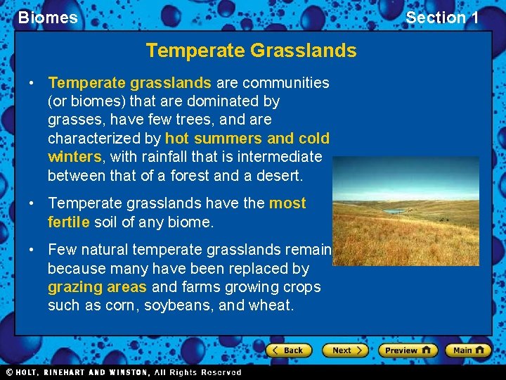 Biomes Section 1 Temperate Grasslands • Temperate grasslands are communities (or biomes) that are