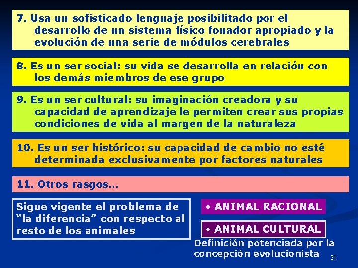 7. Usa un sofisticado lenguaje posibilitado por el desarrollo de un sistema físico fonador