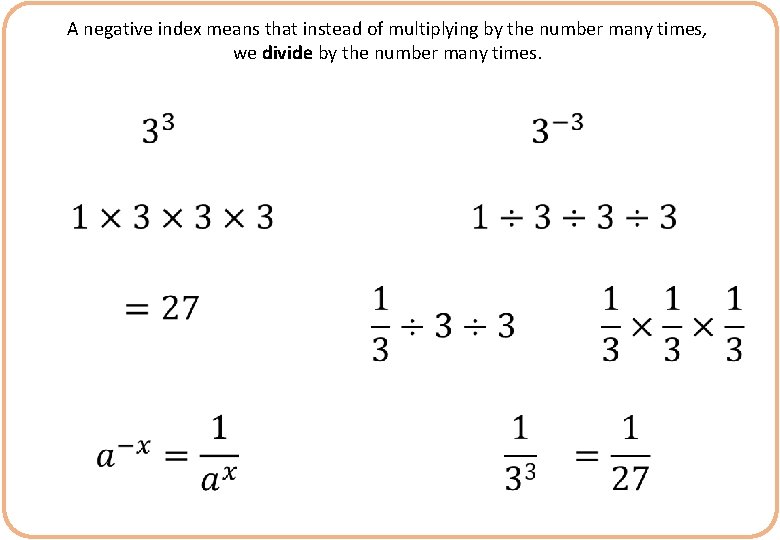 A negative index means that instead of multiplying by the number many times, we