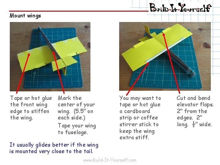 Mount wings Tape or hot glue the front wing edge to stiffen the wing.