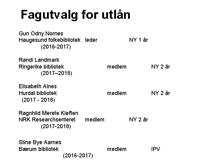 Fagutvalg for utlån Gun Odny Nornes Haugesund folkebibliotek leder (2016 -2017) NY 1 år