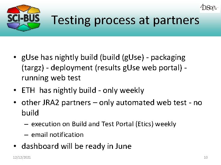 Testing process at partners • g. Use has nightly build (g. Use) - packaging
