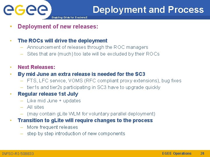 Deployment and Process Enabling Grids for E-scienc. E • Deployment of new releases: •