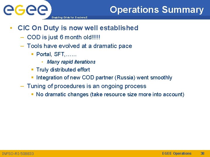 Operations Summary Enabling Grids for E-scienc. E • CIC On Duty is now well