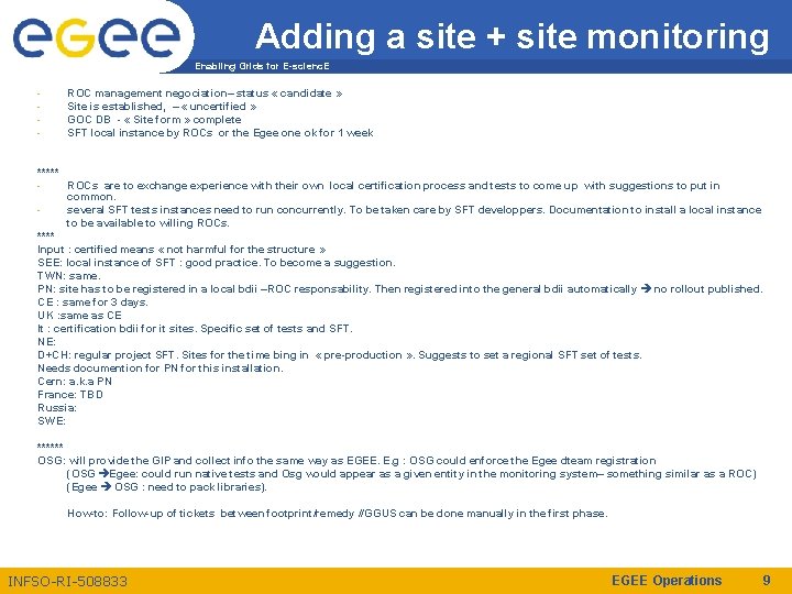 Adding a site + site monitoring Enabling Grids for E-scienc. E - ROC management