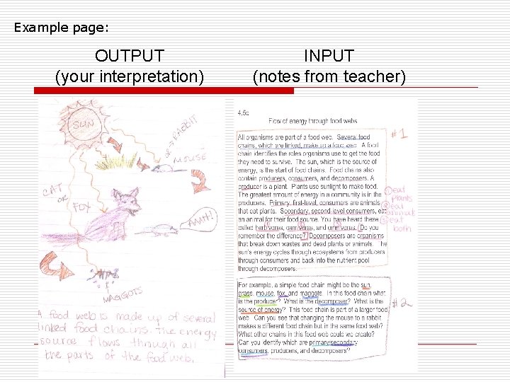 Example page: OUTPUT (your interpretation) INPUT (notes from teacher) 
