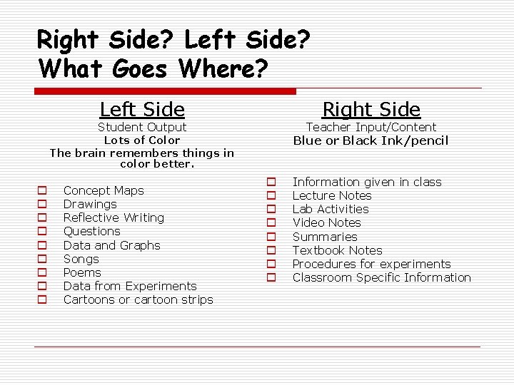 Right Side? Left Side? What Goes Where? Left Side Right Side Student Output Teacher