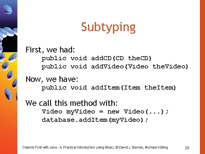 Subtyping First, we had: public void add. CD(CD the. CD) public void add. Video(Video