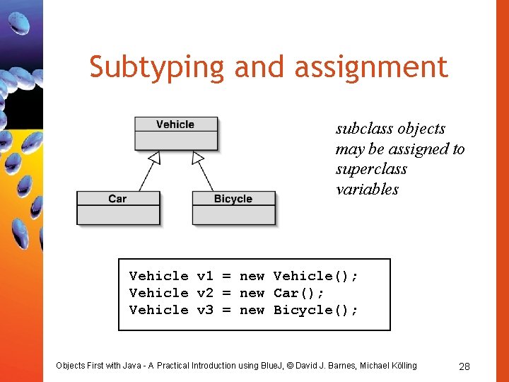 Subtyping and assignment subclass objects may be assigned to superclass variables Vehicle v 1