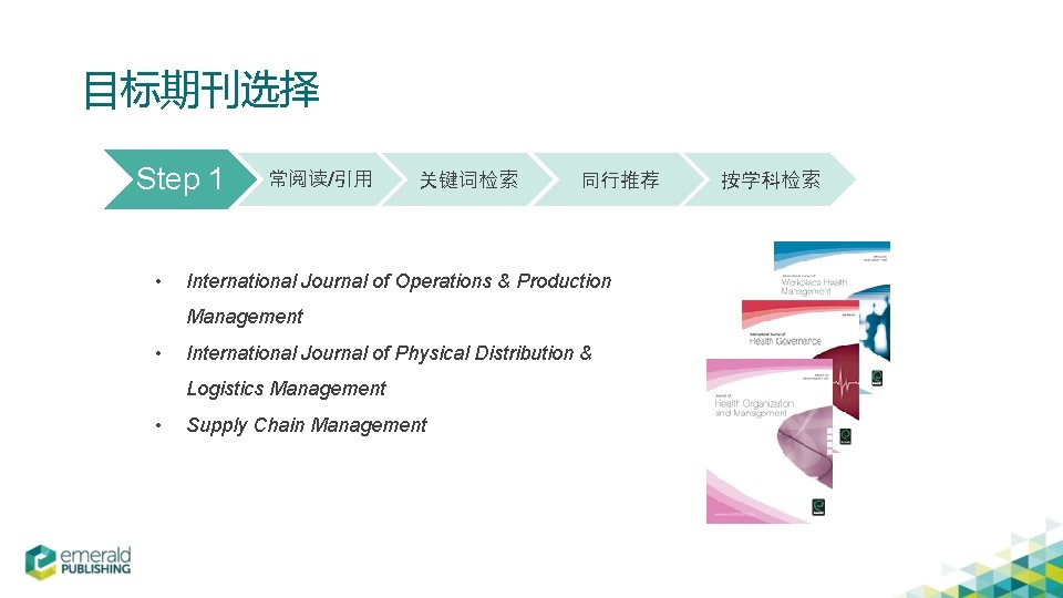 目标期刊选择 Step 1 • 常阅读/引用 关键词检索 同行推荐 International Journal of Operations & Production Management