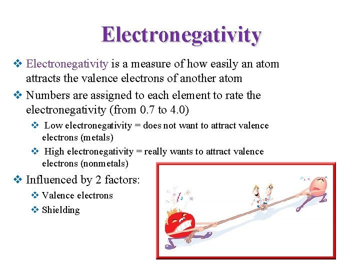 Electronegativity v Electronegativity is a measure of how easily an atom attracts the valence