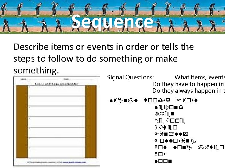 Sequence Describe items or events in order or tells the steps to follow to
