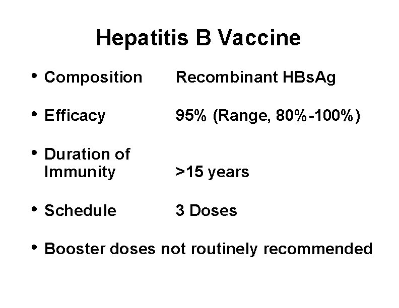 Hepatitis B Vaccine • Composition Recombinant HBs. Ag • Efficacy 95% (Range, 80%-100%) •