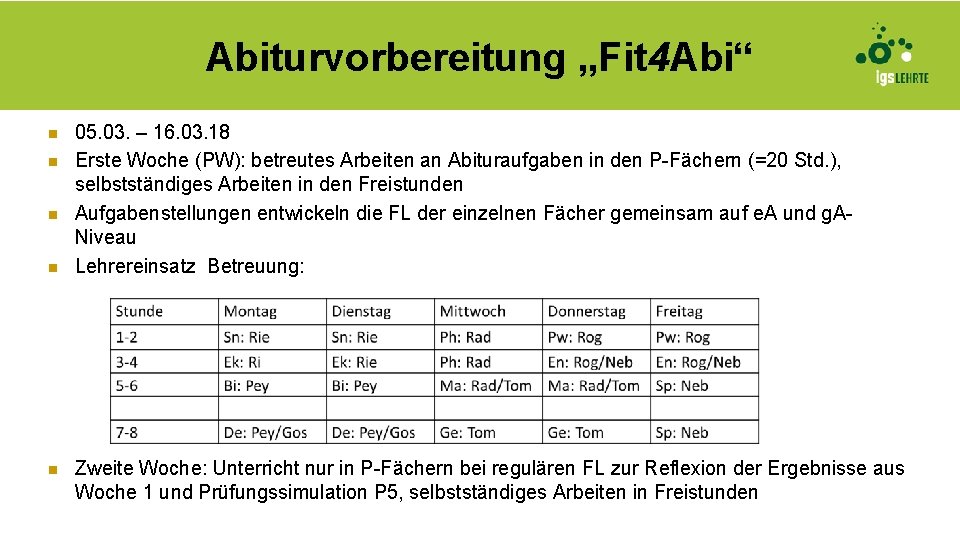 Abiturvorbereitung „Fit 4 Abi“ n n n 05. 03. – 16. 03. 18 Erste