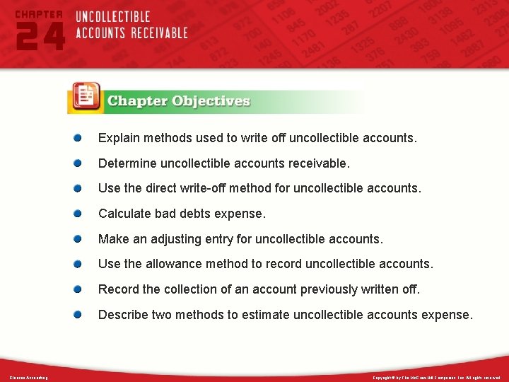 Explain methods used to write off uncollectible accounts. Determine uncollectible accounts receivable. Use the