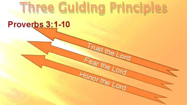 Three Guiding Principles Proverbs 3: 1 -10 Trus t the Lord Fea r the