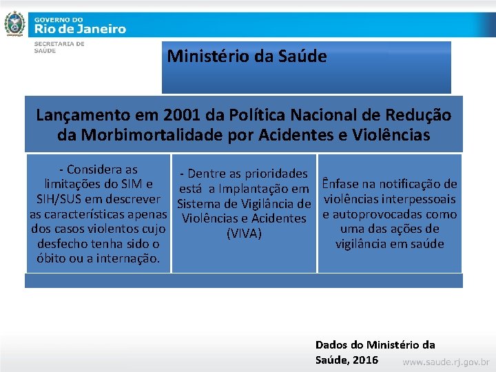 Ministério da Saúde Lançamento em 2001 da Política Nacional de Redução da Morbimortalidade por