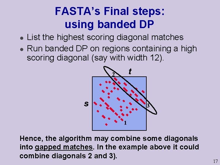 FASTA’s Final steps: using banded DP l l List the highest scoring diagonal matches