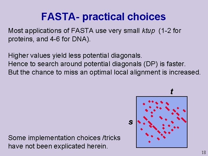 FASTA- practical choices Most applications of FASTA use very small ktup (1 -2 for