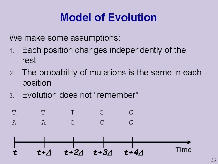 Model of Evolution We make some assumptions: 1. Each position changes independently of the