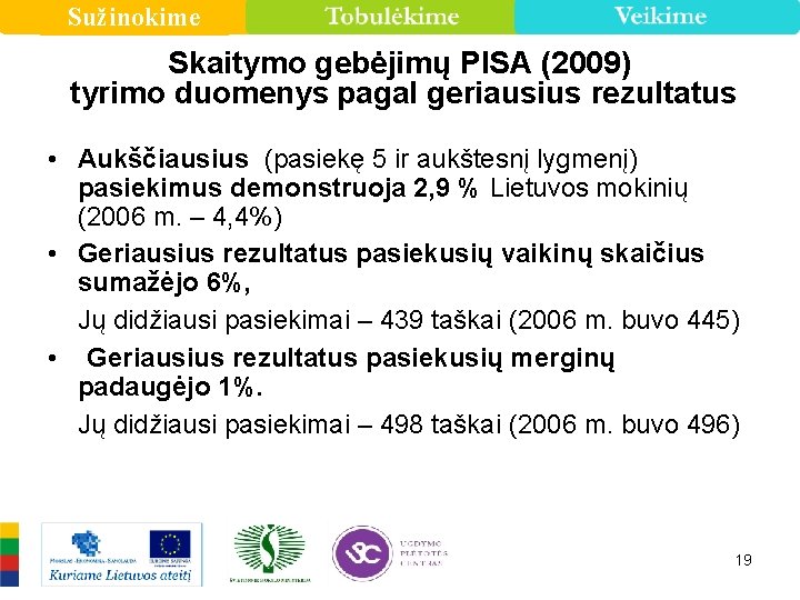 Sužinokime Skaitymo gebėjimų PISA (2009) tyrimo duomenys pagal geriausius rezultatus • Aukščiausius (pasiekę 5
