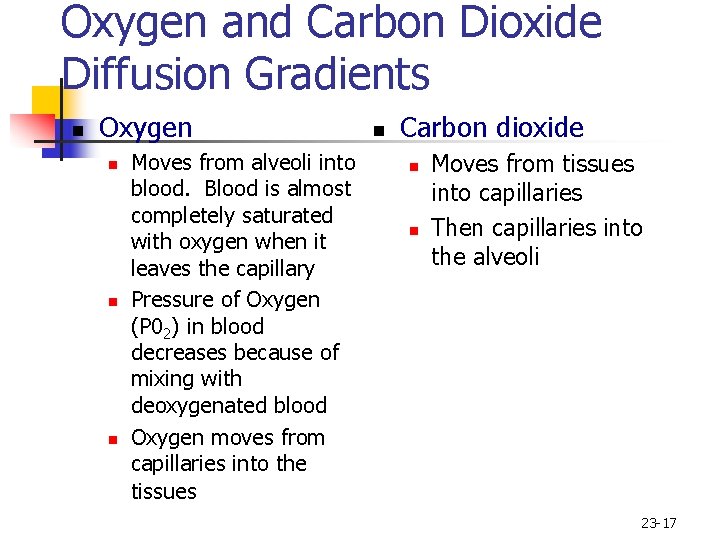 Oxygen and Carbon Dioxide Diffusion Gradients n Oxygen n Moves from alveoli into blood.