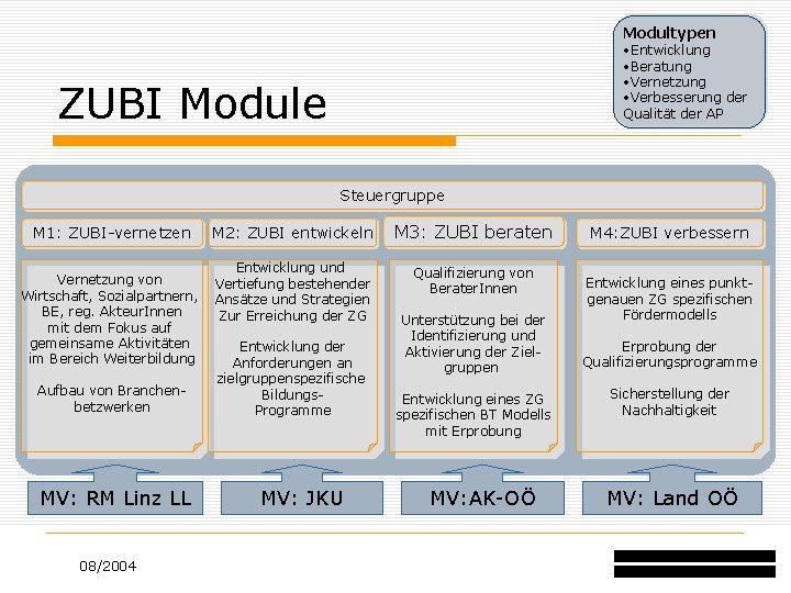 Modultypen • Entwicklung • Beratung • Vernetzung • Verbesserung der Qualität der AP ZUBI