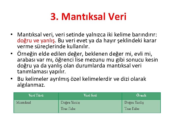 3. Mantıksal Veri • Mantıksal veri, veri setinde yalnızca iki kelime barındırır: doğru ve