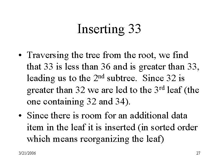 Inserting 33 • Traversing the tree from the root, we find that 33 is