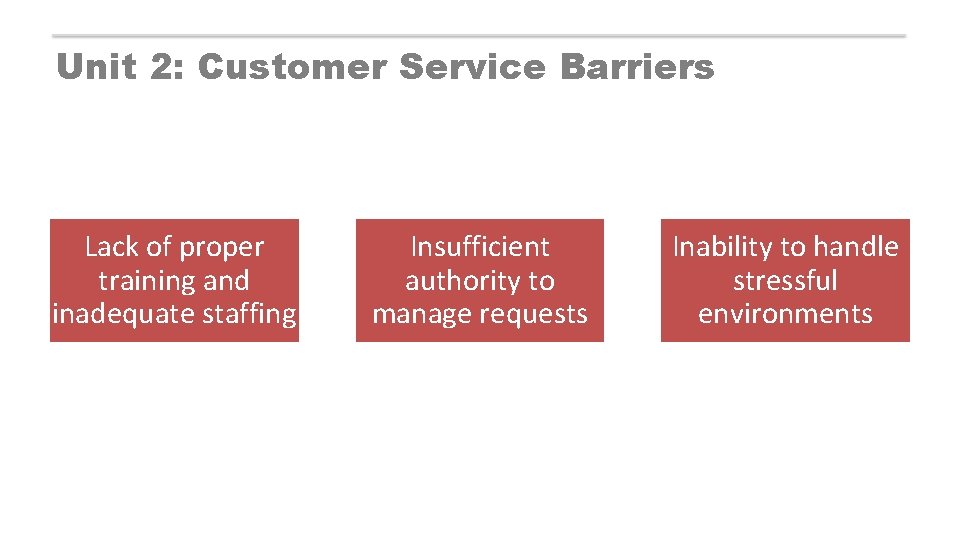 Unit 2: Customer Service Barriers Lack of proper training and inadequate staffing Insufficient authority