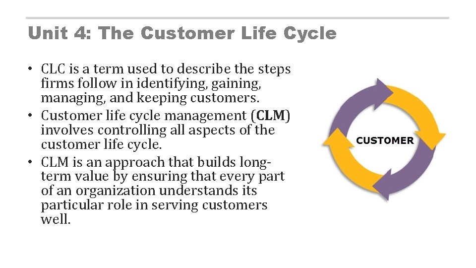 Unit 4: The Customer Life Cycle • CLC is a term used to describe