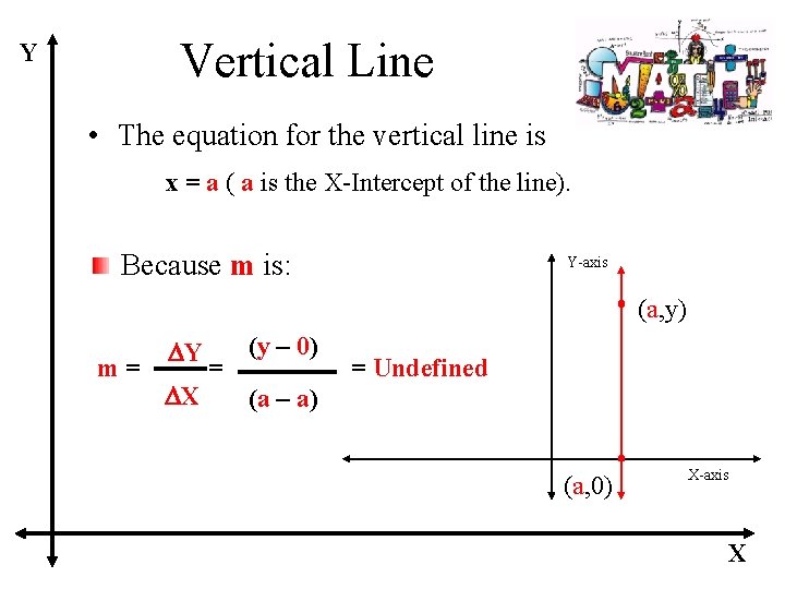 Vertical Line Y • The equation for the vertical line is x = a