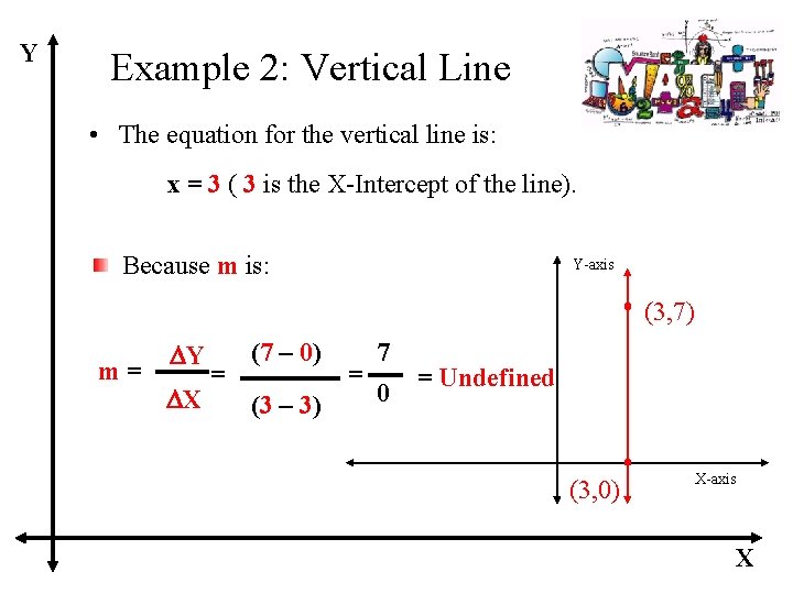 Y Example 2: Vertical Line • The equation for the vertical line is: x