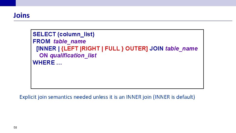 Joins SELECT (column_list) FROM table_name [INNER | {LEFT |RIGHT | FULL } OUTER] JOIN