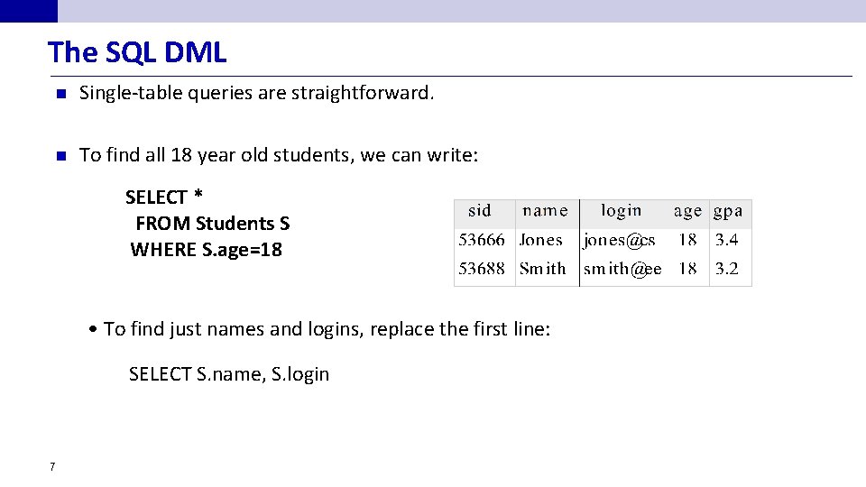 The SQL DML n Single-table queries are straightforward. n To find all 18 year
