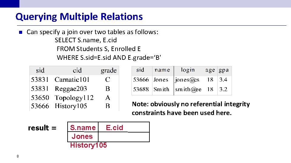 Querying Multiple Relations n Can specify a join over two tables as follows: SELECT